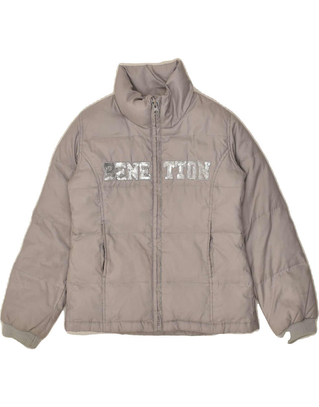 BENETTON Girls Graphic Padded Jacket 5-6 Years Small  Grey Polyester | Vintage Benetton | Thrift | Second-Hand Benetton | Used Clothing | Messina Hembry 