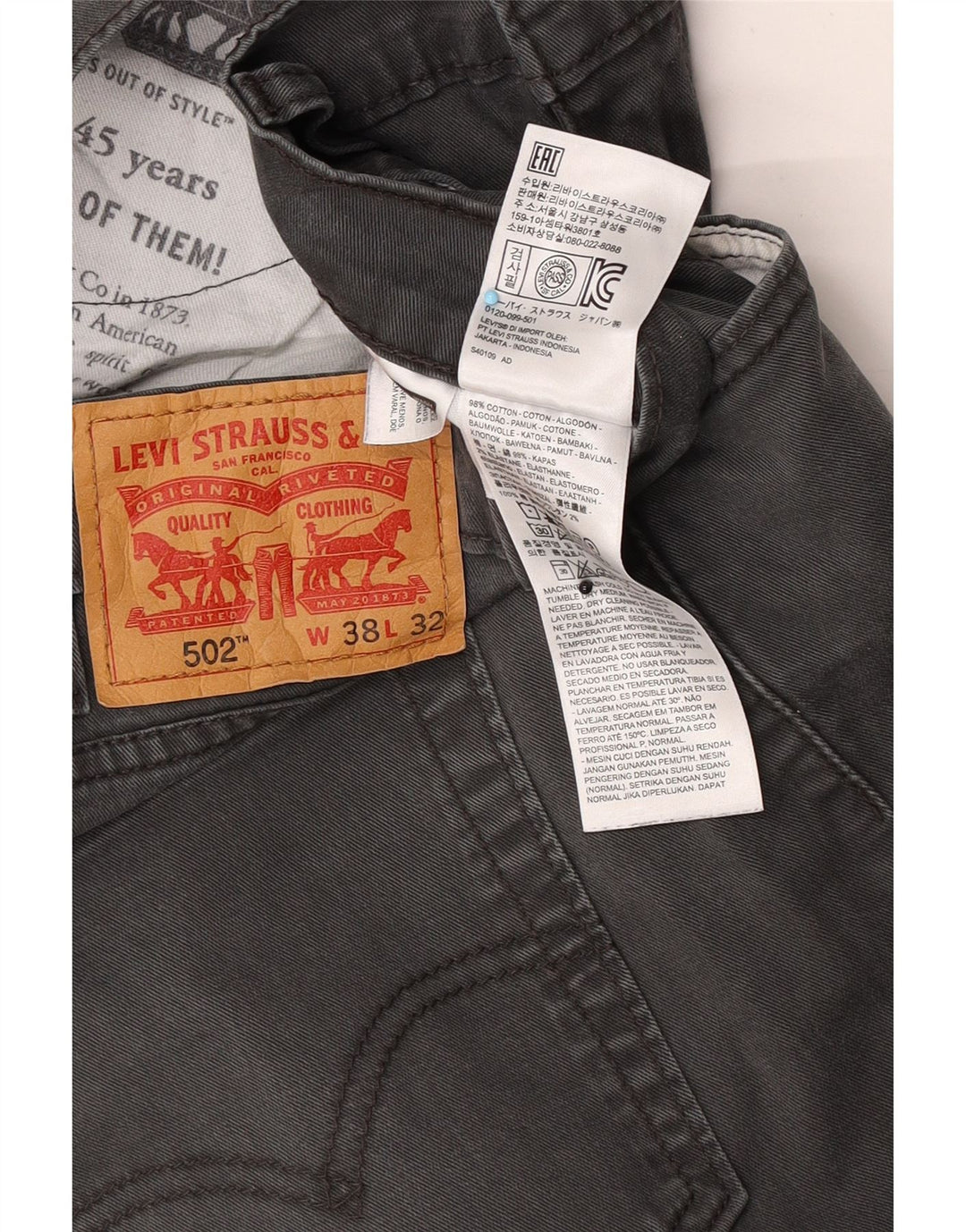 Levi's Mens 502 Tapered Jeans W38 L32 Γκρι βαμβακερό
