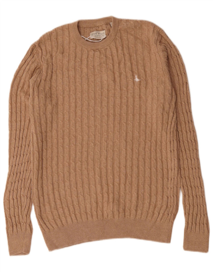 Jack Wills Ανδρικό πουλόβερ με λαιμόκοψη, μικρό μπεζ βαμβακερό