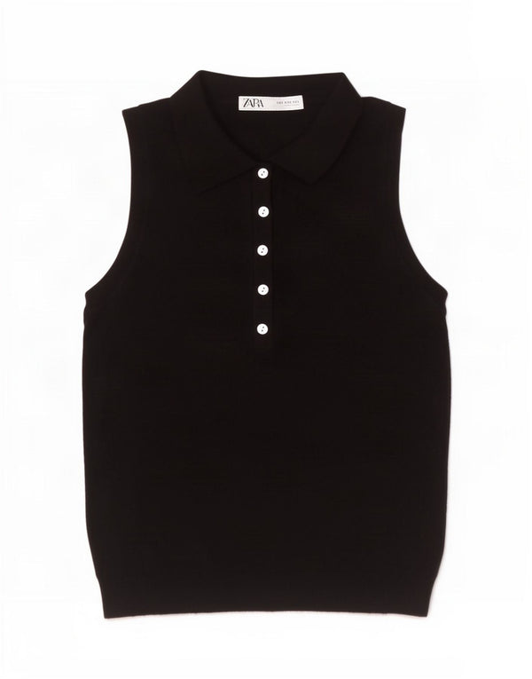 Zara Γυναικείο Αμάνικο Πόλο Μπλουζάκι UK 8 Small Black Viscose