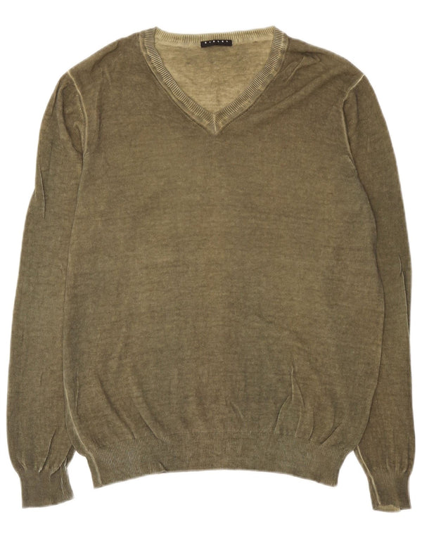 Sisley Mens V-Neck Jumper Sweater Large Khaki
