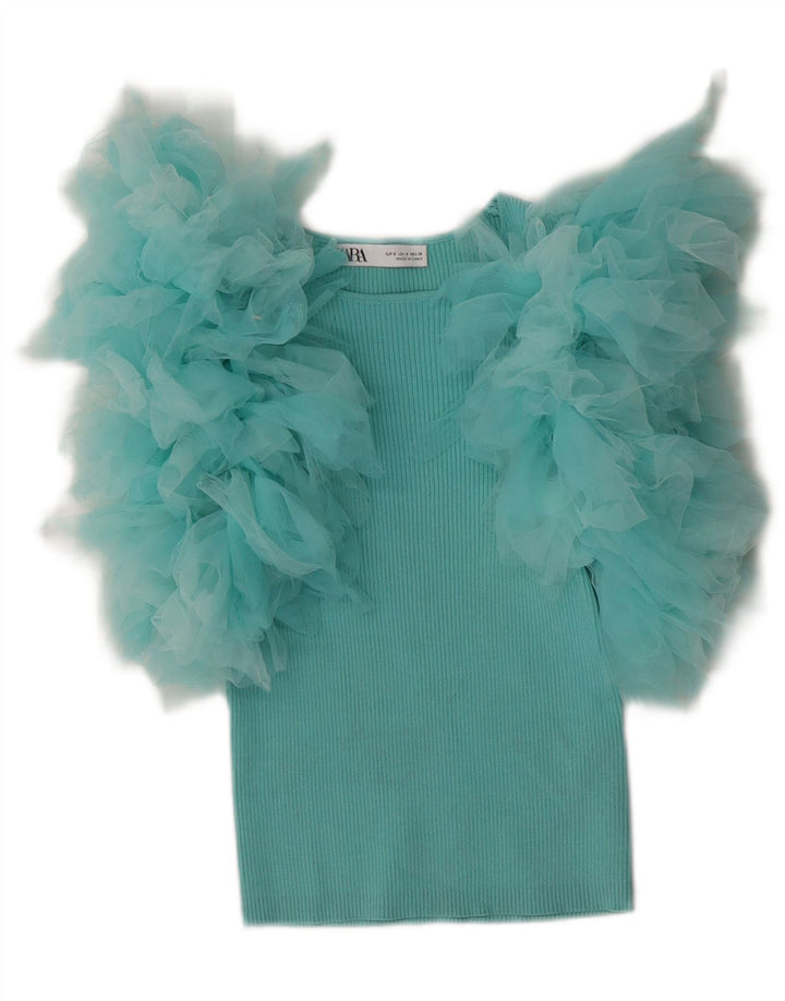 Zara Γυναικεία Μπλούζα Crop Top UK 8 Μικρή τιρκουάζ βισκόζη