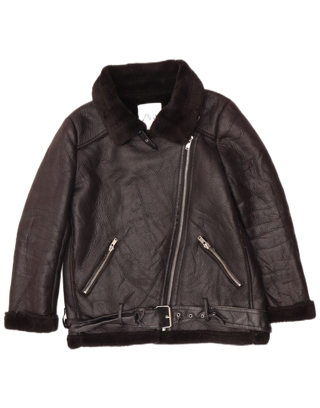 Zara Γυναικείο Faux Leather Sherpa Jacket UK 14 Medium Μαύρο Πολυουρεθάνη