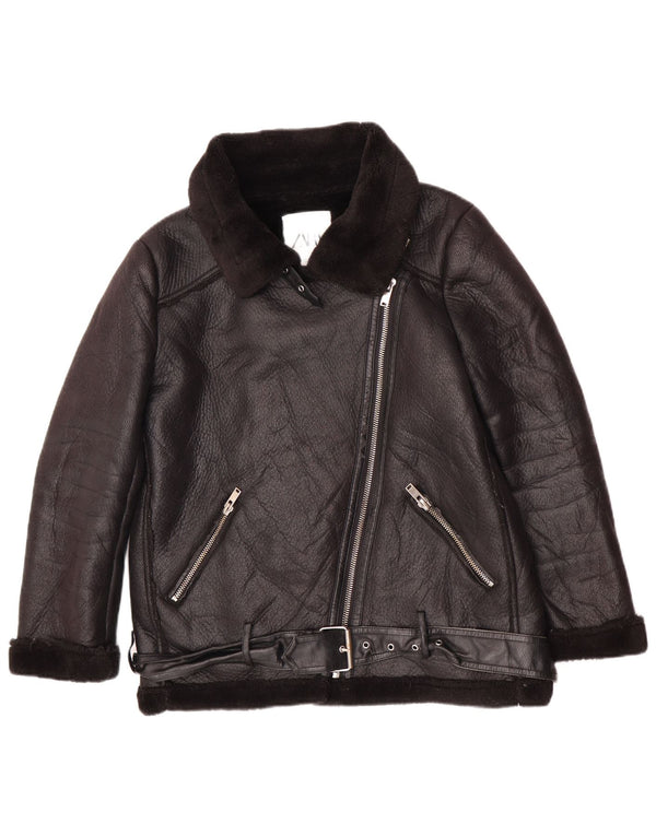 Zara Γυναικείο Faux Leather Sherpa Jacket UK 14 Medium Μαύρο Πολυουρεθάνη