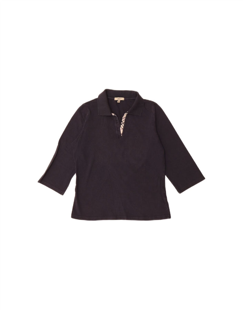 BURBERRY Womens 3/4 Sleeve Polo Shirt UK 14 Large Navy Blue Cotton Vintage Burberry and Second-Hand Burberry from Messina Hembry 