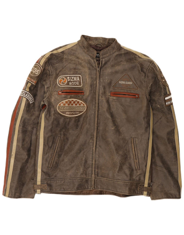 Sizma Mode Ανδρικό γραφικό δερμάτινο μπουφάν Racer UK 42 XL Brown Colourblock