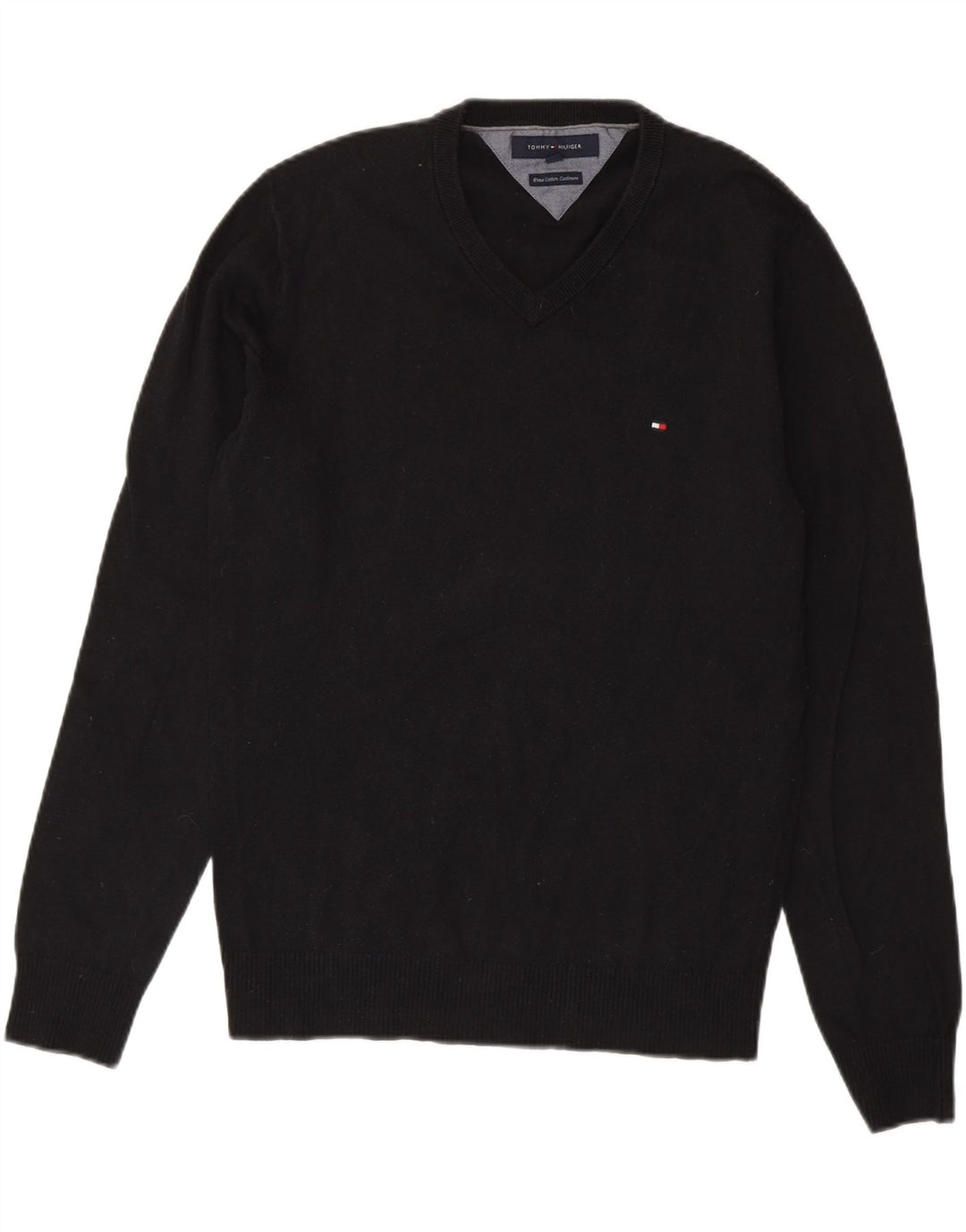 TOMMY HILFIGER Ανδρικό πουλόβερ με λαιμόκοψη με V λαιμόκοψη, μικρό μαύρο βαμβακερό