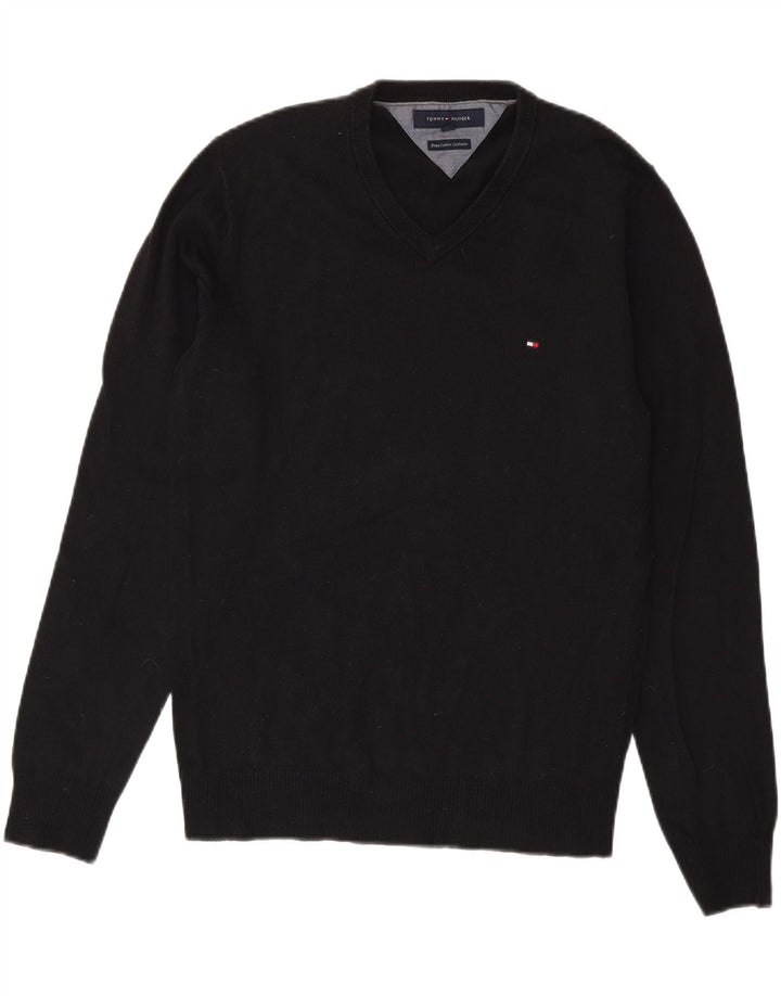 TOMMY HILFIGER Ανδρικό πουλόβερ με λαιμόκοψη με V λαιμόκοψη, μικρό μαύρο βαμβακερό