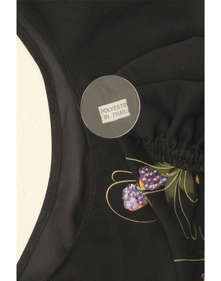 Vintage Γυναικεία Crop Μπλούζα Τοπ UK 16 Large Black Floral Polyester