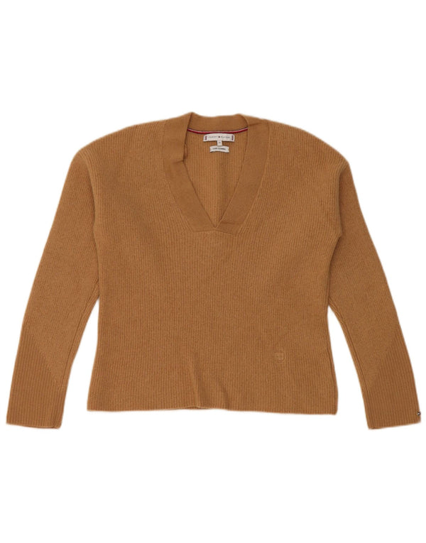 Tommy Hilfiger Womens Crop V-Neck Jumper Sweater UK 6 XS Beige Wool