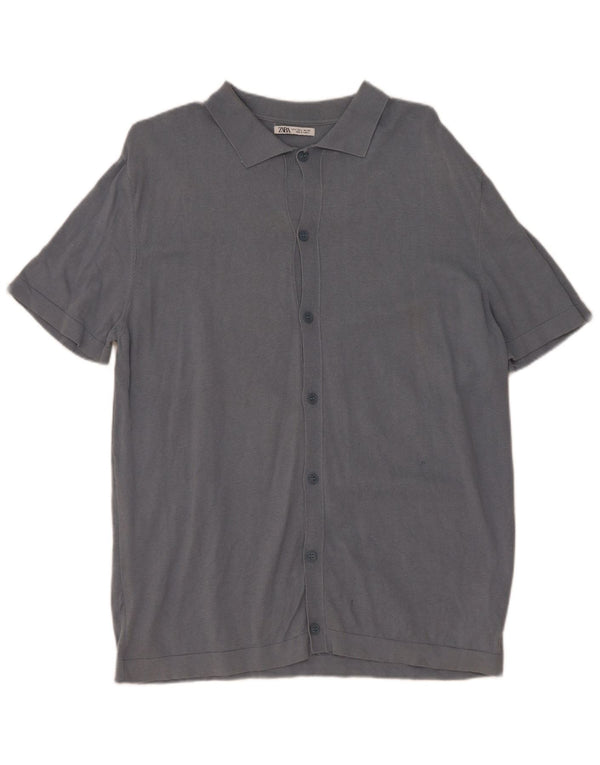 Zara Mens Short Sleeve Cardigan Sweater Large Grey Cotton