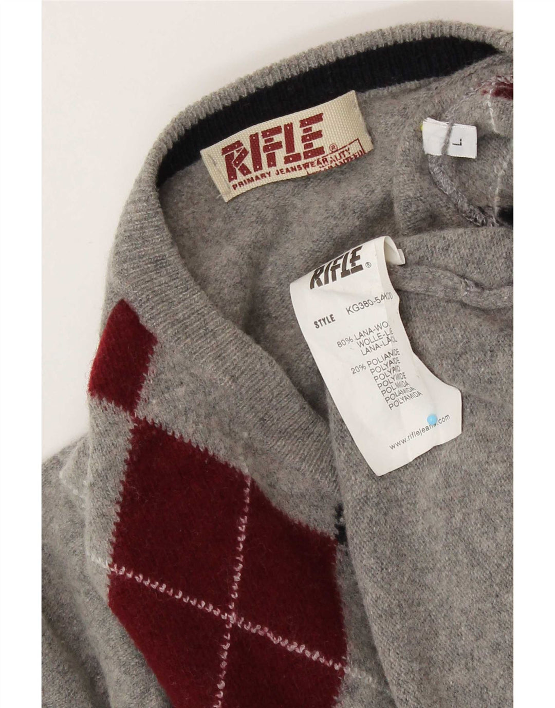 Rifle Ανδρικό πουλόβερ με λαιμόκοψη V Large Grey Argyle/Diamond Wool