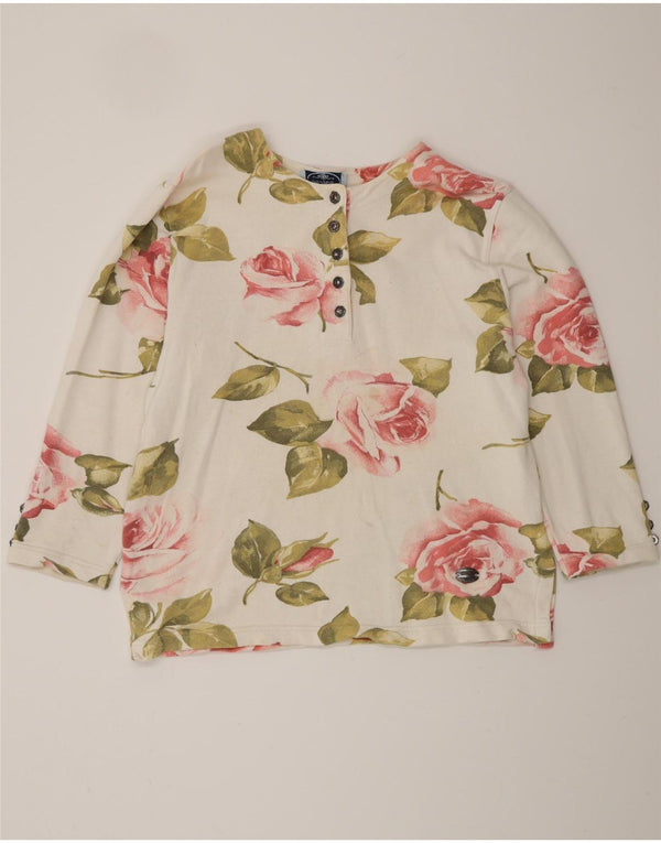 VINTAGE Γυναικείο τοπ μακρυμάνικο UK 16 Large Off White Floral βαμβακερό
