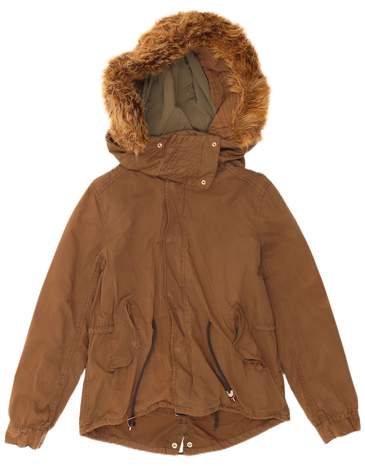 Zara Γυναικείο μπουφάν Parka με κουκούλα UK 10 Small Brown Polyester