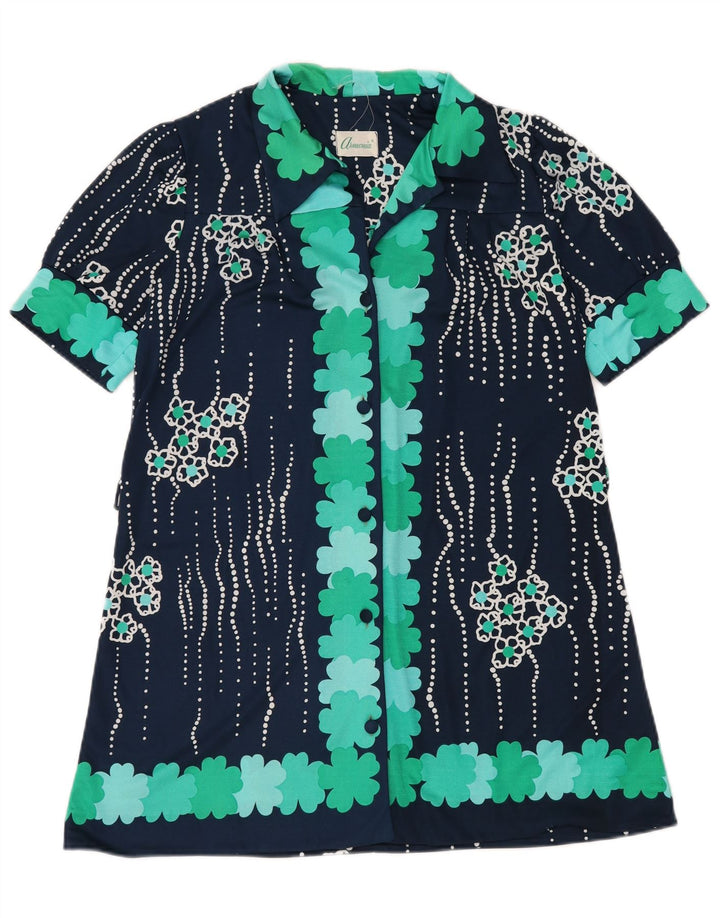 VINTAGE Γυναικείο κοντομάνικο πουκάμισο UK 14 Large Navy Blue Floral