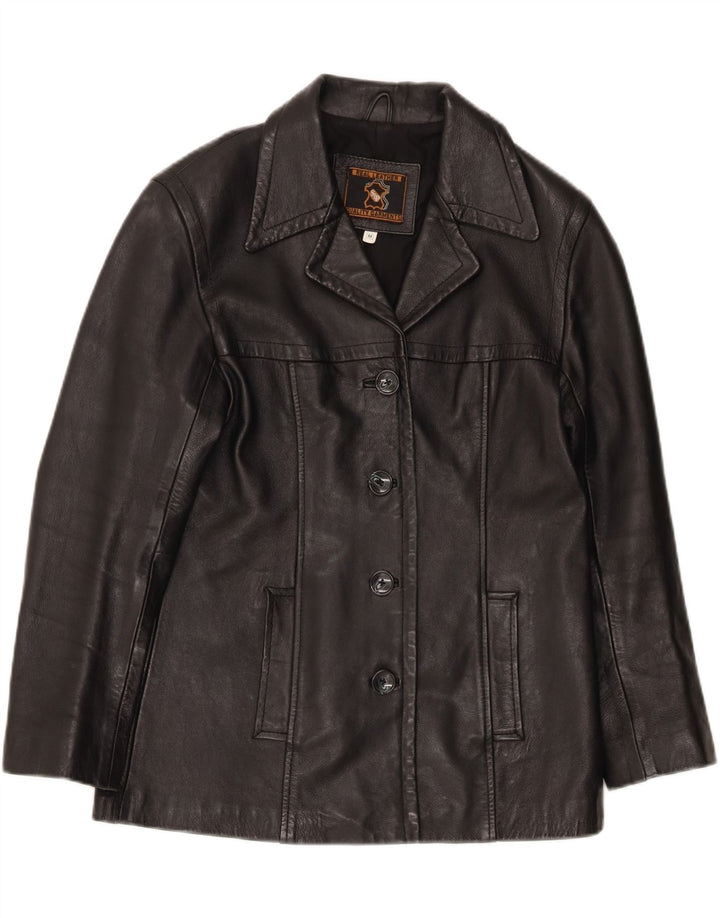 VINTAGE Womens 4 Button Leather Blazer Jacket UK 14 Medium Black Leather Vintage Vintage and Second-Hand Vintage from Messina Hembry 