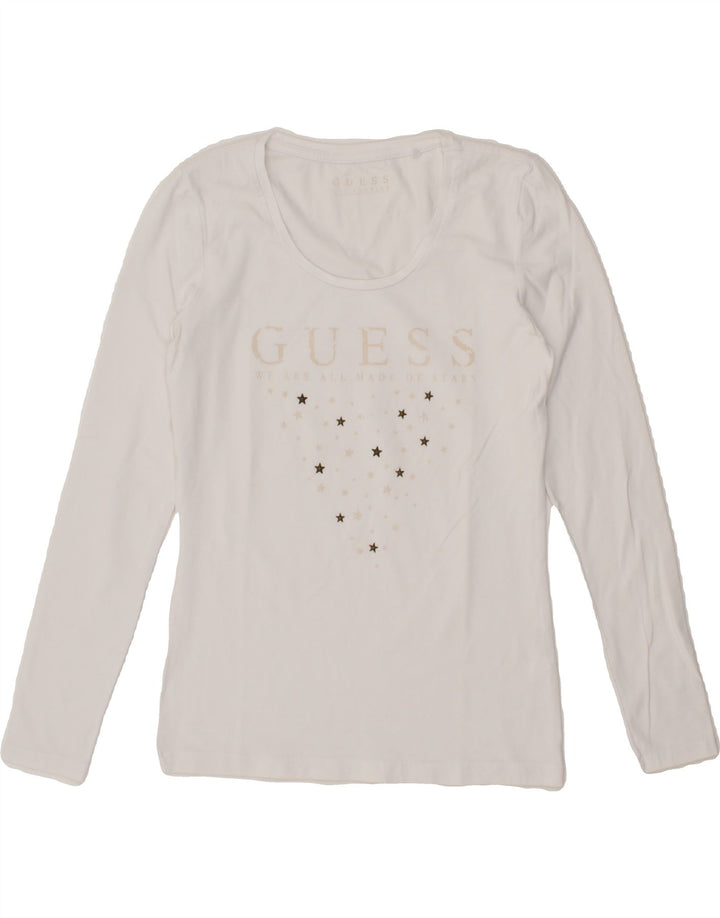 GUESS Womens Graphic Top Long Sleeve UK 10 Small White Vintage Guess and Second-Hand Guess from Messina Hembry 