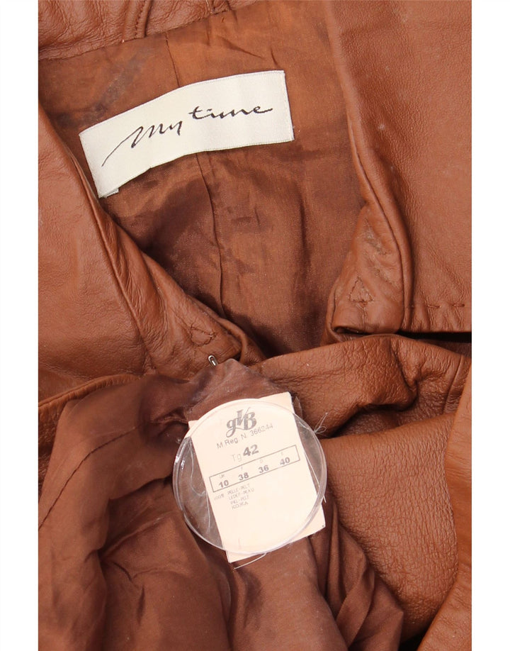 Vintage Womens Oversized Double Breasted Coat UK 10 Small Brown Leather