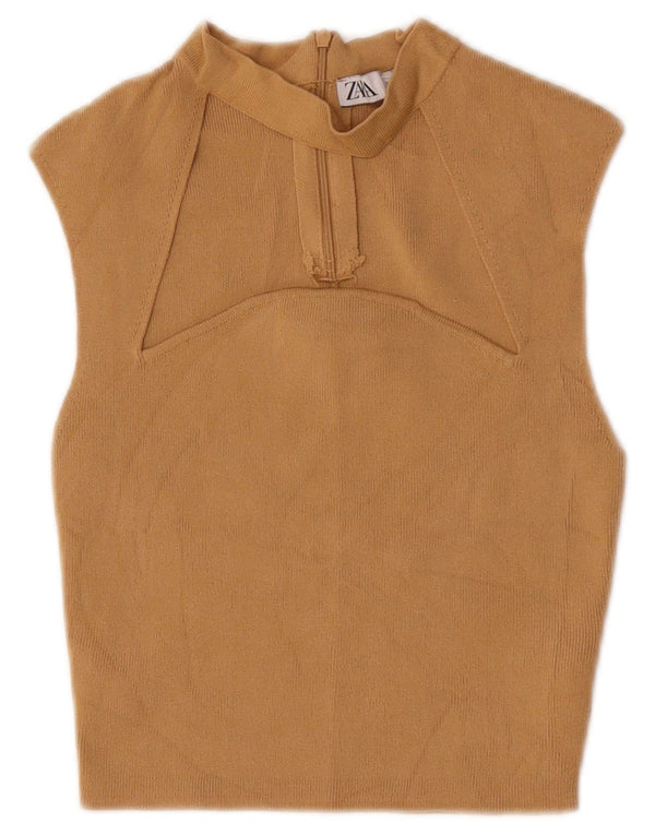 Zara Γυναικεία Αμάνικη Μπλούζα Τοπ UK 8 Small Beige Nylon
