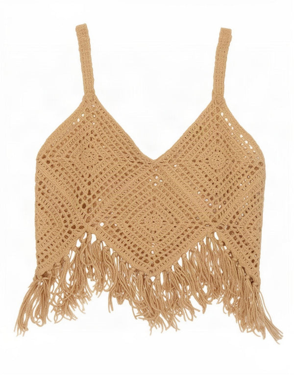 Zara Γυναικείο Crochet Crop Top UK 12 Medium Beige Cotton