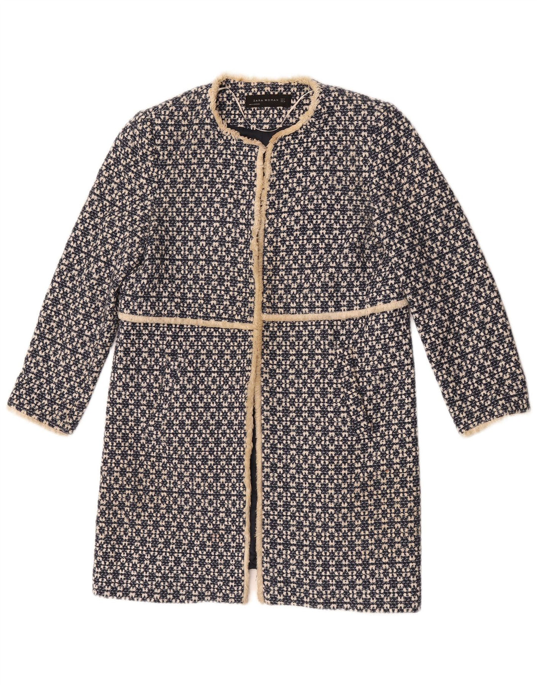 Zara Γυναικείο Ανοιχτό Πανωφόρι UK 12 Medium Navy Blue Geometric Cotton
