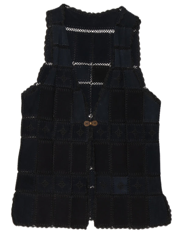 Vintage Γυναικείο Suede Gilet UK 16 Large Navy Blue Patchwork