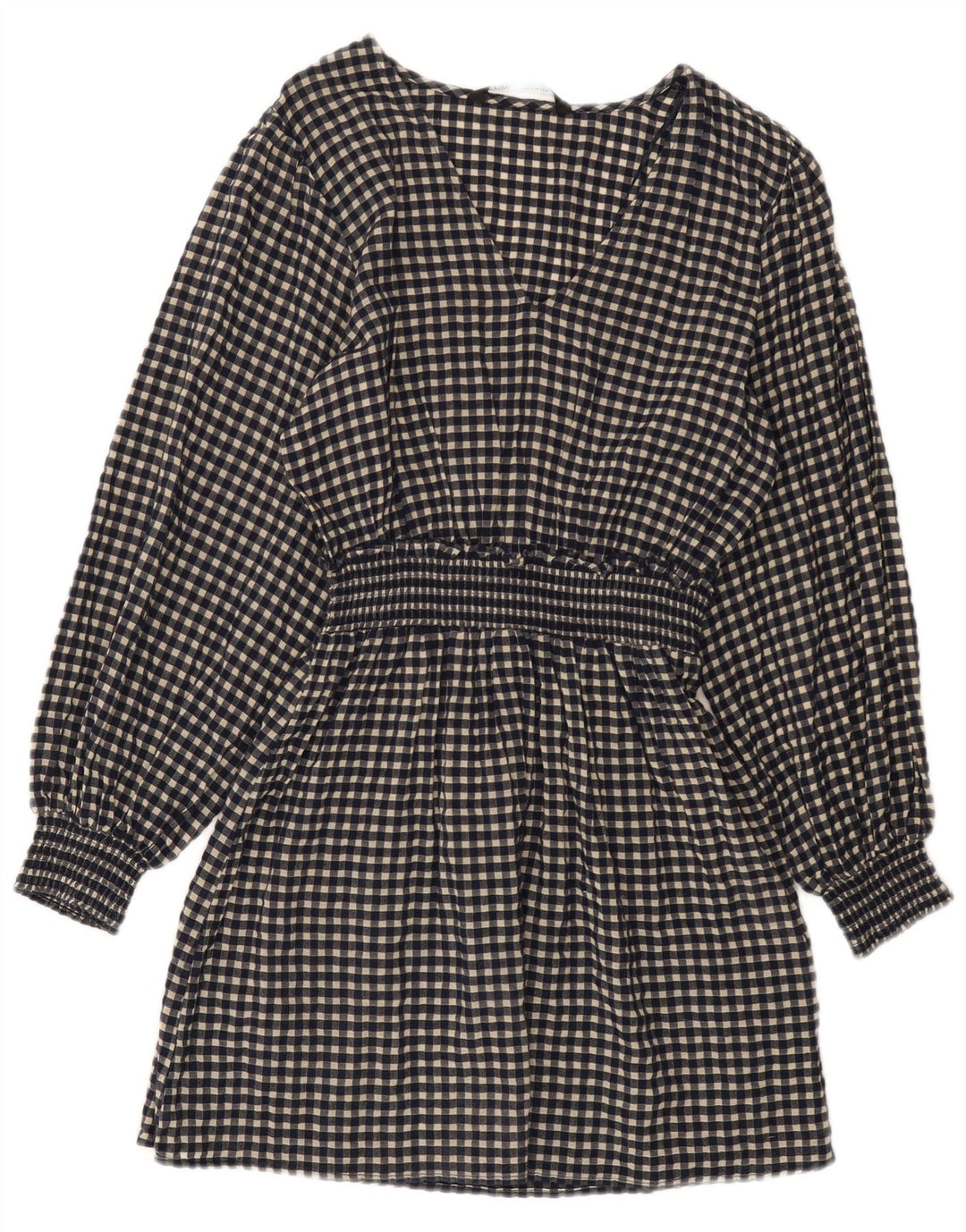 Zara Γυναικείο μακρυμάνικο βασικό φόρεμα UK 10 Small Navy Blue Gingham Cotton