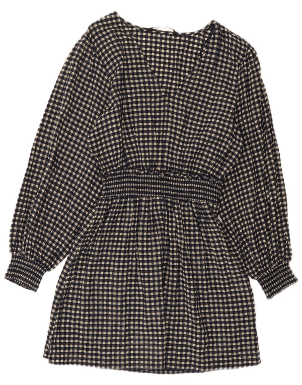 Zara Γυναικείο μακρυμάνικο βασικό φόρεμα UK 10 Small Navy Blue Gingham Cotton