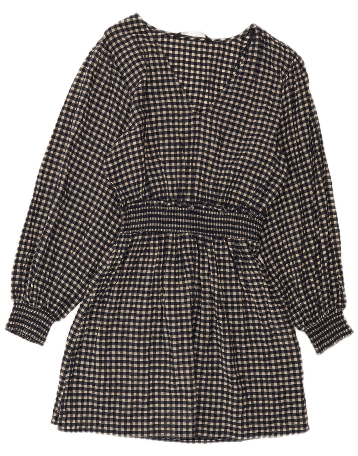 Zara Γυναικείο μακρυμάνικο βασικό φόρεμα UK 10 Small Navy Blue Gingham Cotton