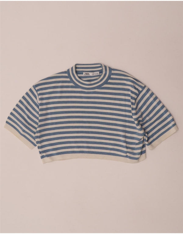 Zara γυναικείο πουλόβερ με λαιμόκοψη Crop Crop UK 10 Small Blue ριγέ
