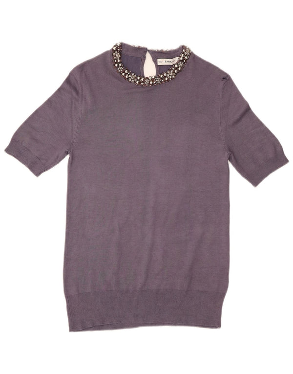Zara γυναικείο κοντομάνικο πουλόβερ με λαιμόκοψη UK 16 Large Purple