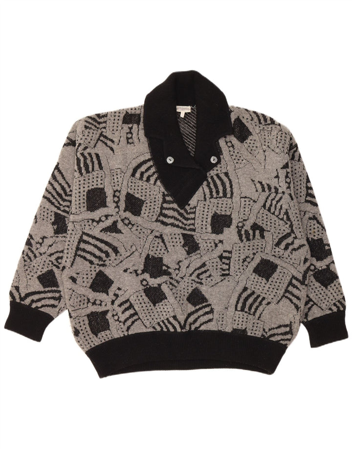 Γυναικείο πουλόβερ με λαιμό σάλι VINTAGE UK 16 Large Grey Geometric