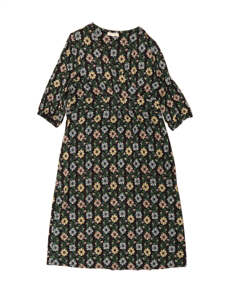 SEASALT Womens 3/4 Sleeve A-Line Dress UK 20 2XL Black Floral Cotton Vintage Seasalt and Second-Hand Seasalt from Messina Hembry 