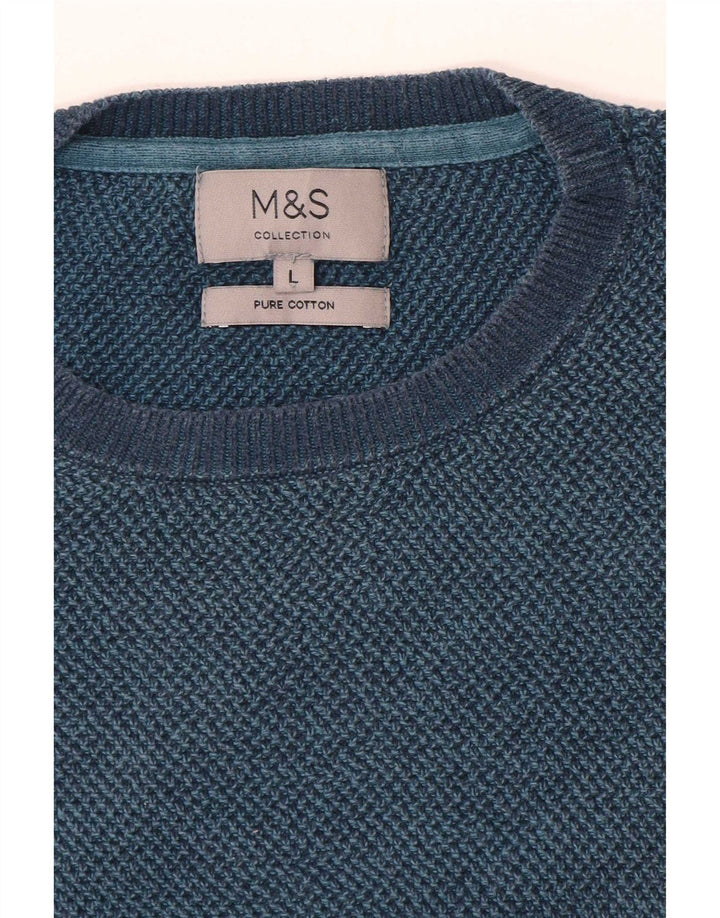 Marks & Spencer Ανδρικό πουλόβερ με λαιμόκοψη, μεγάλο μπλε βαμβακερό