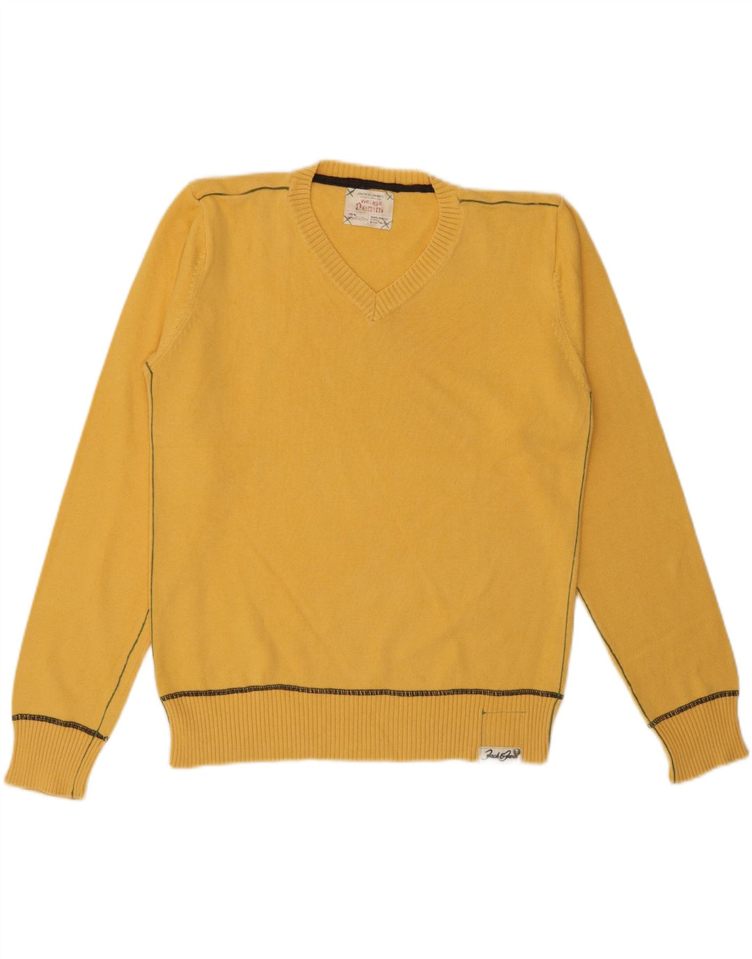 JACK & JONES Mens V-Neck Jumper Sweater Medium Yellow Cotton Vintage Jack & Jones and Second-Hand Jack & Jones from Messina Hembry 