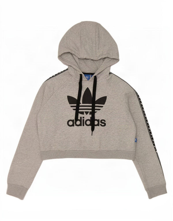 Adidas Γυναικεία Crop Graphic Hoodie Jumper UK 12 Medium Grey Colourblock
