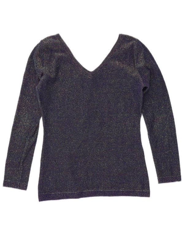 BENETTON Womens Crop V-Neck Jumper Sweater UK 10 Small Navy Blue Flecked