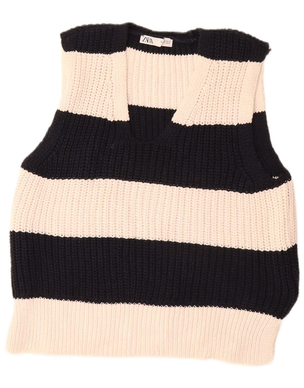 Zara Womens Vest Tank Top UK 14 Medium Off White Striped Polyester