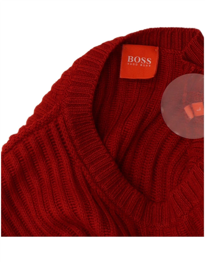 HUGO BOSS Ανδρικό πουλόβερ με λαιμόκοψη, μεγάλο κόκκινο μάλλινο