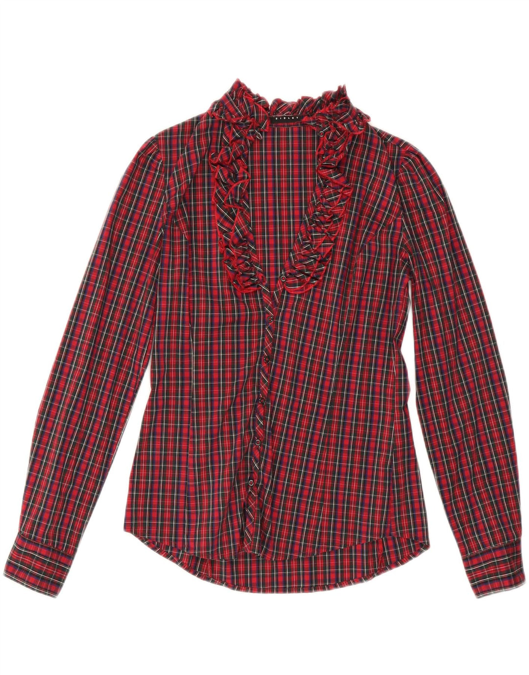 SISLEY Γυναικείο πουκάμισο με βολάν μπλούζα UK 10 Small Red Check Cotton