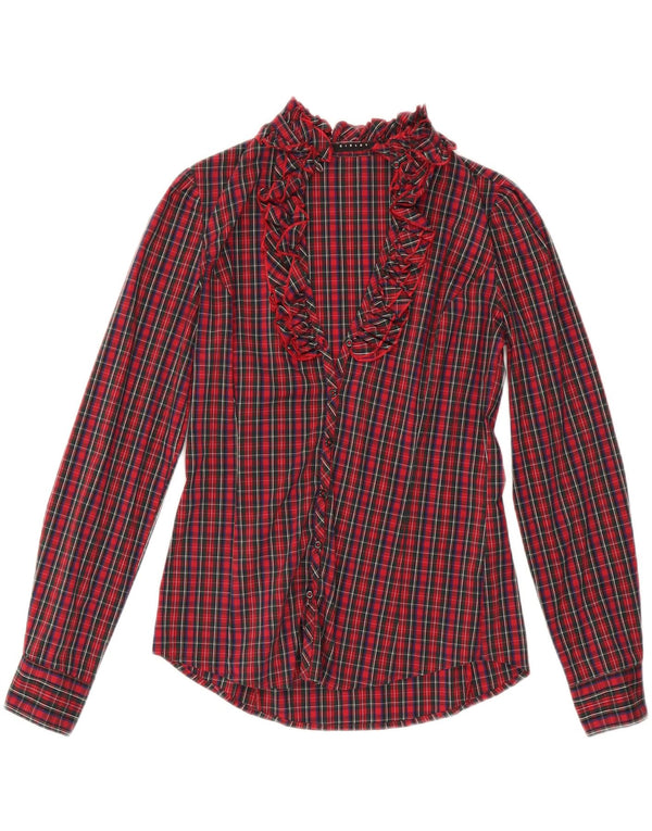 SISLEY Γυναικείο πουκάμισο με βολάν μπλούζα UK 10 Small Red Check Cotton