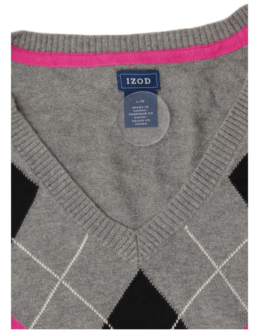 Izod γυναικείο πουλόβερ με λαιμόκοψη UK 14 Large Grey Argyle/Diamond