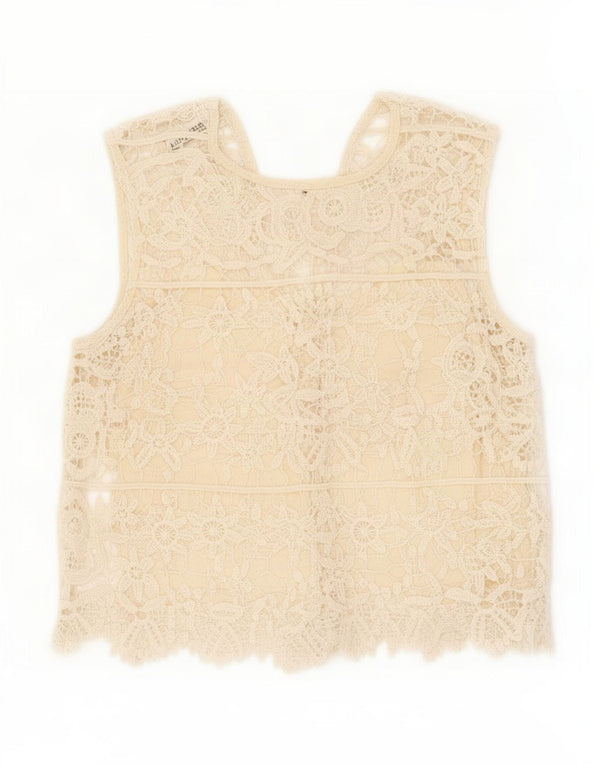 Zara Γυναικεία Crop Αμάνικη Δαντέλα Μπλούζα Τοπ UK 4 XS Μπεζ φλοράλ βαμβακερό