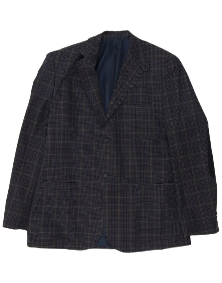 VINTAGE Mens 2 Button Blazer Jacket UK 40 Large Navy Blue Check Cotton