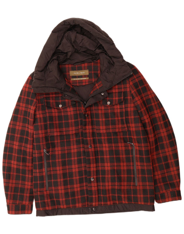 Ανδρικό μπουφάν ZARA με κουκούλα UK 40 Large Red Check Polyester