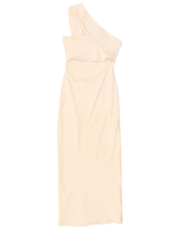 Zara Womens One Shoulder Bodycon Φόρεμα UK 14 Large Off White Βαμβακερό