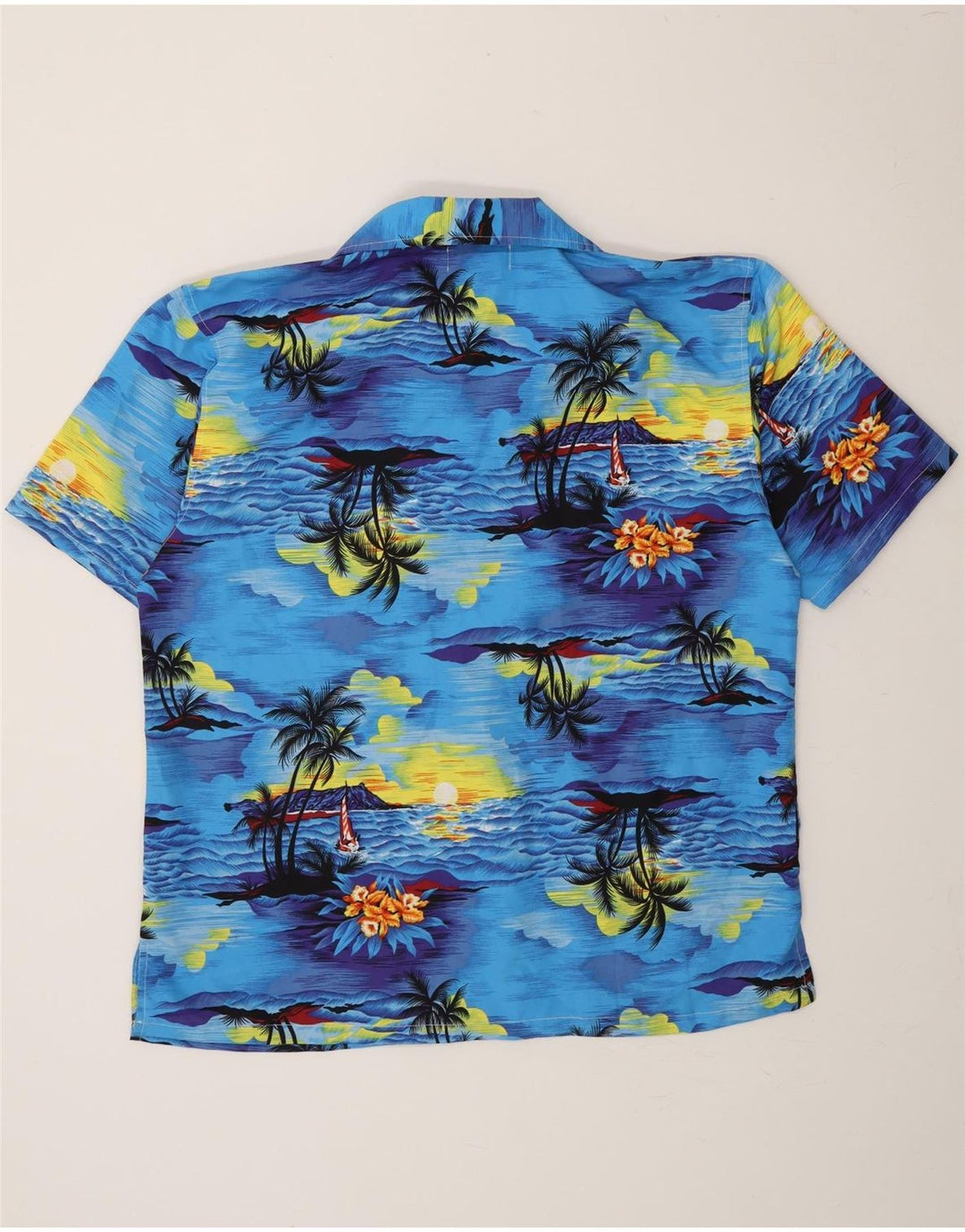 VINTAGE Mens Short Sleeve Shirt Medium Blue Polyester Hawaiian Vintage Vintage and Second-Hand Vintage from Messina Hembry 