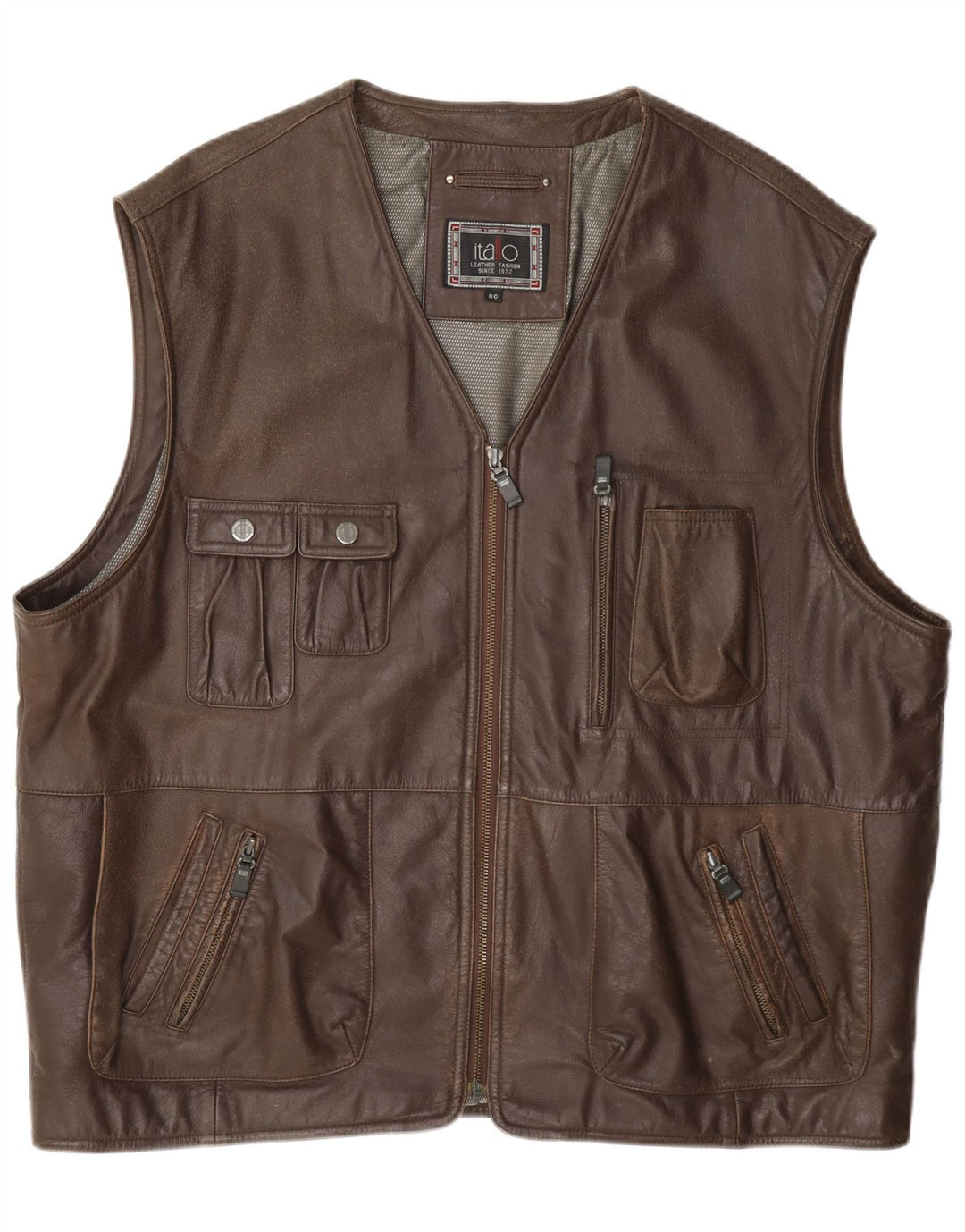 Itallo Mens Leather Utility Gilet IT 60 4XL Καφέ