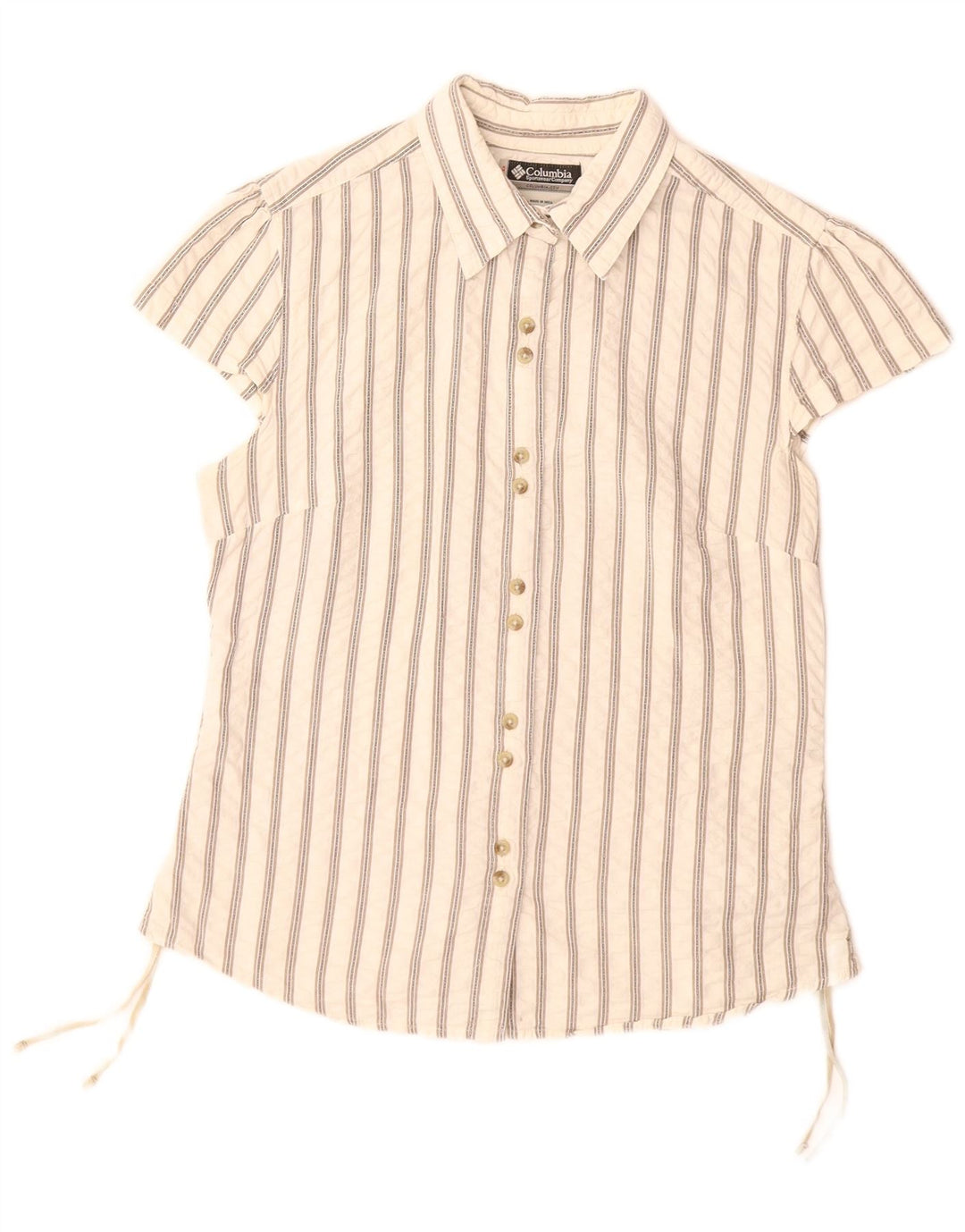 COLUMBIA Γυναικείο κοντομάνικο πουκάμισο UK 14 μεγάλο λευκό ριγέ βαμβακερό