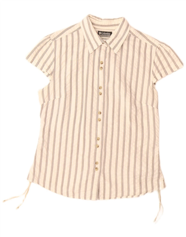 COLUMBIA Γυναικείο κοντομάνικο πουκάμισο UK 14 μεγάλο λευκό ριγέ βαμβακερό